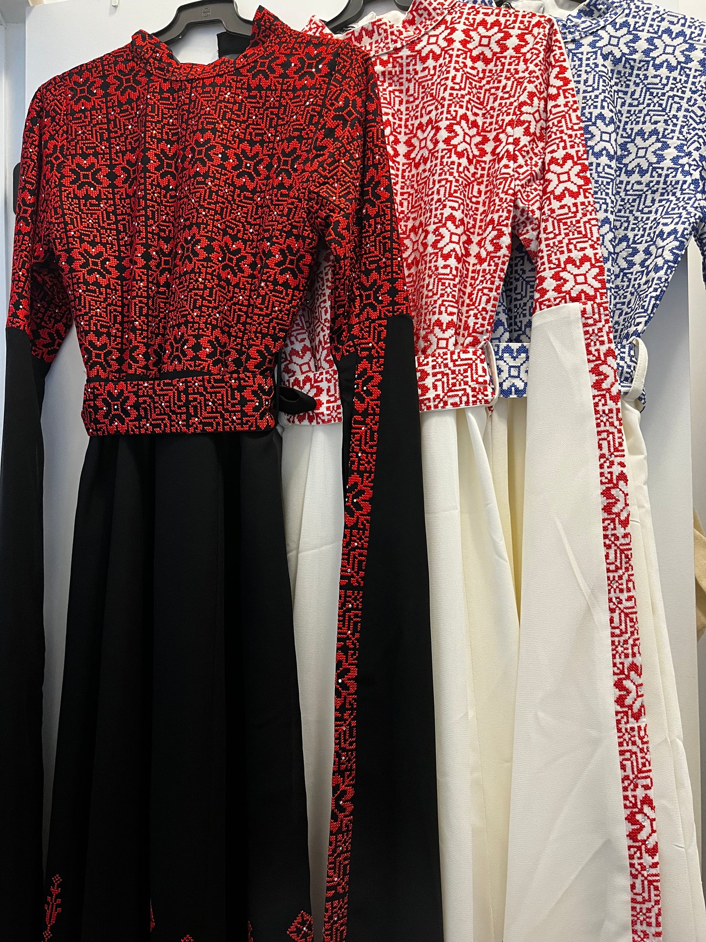 Red & Black Full Embroidery Palestinian Thobe with Extra Long Sleeves - Al Ramallah