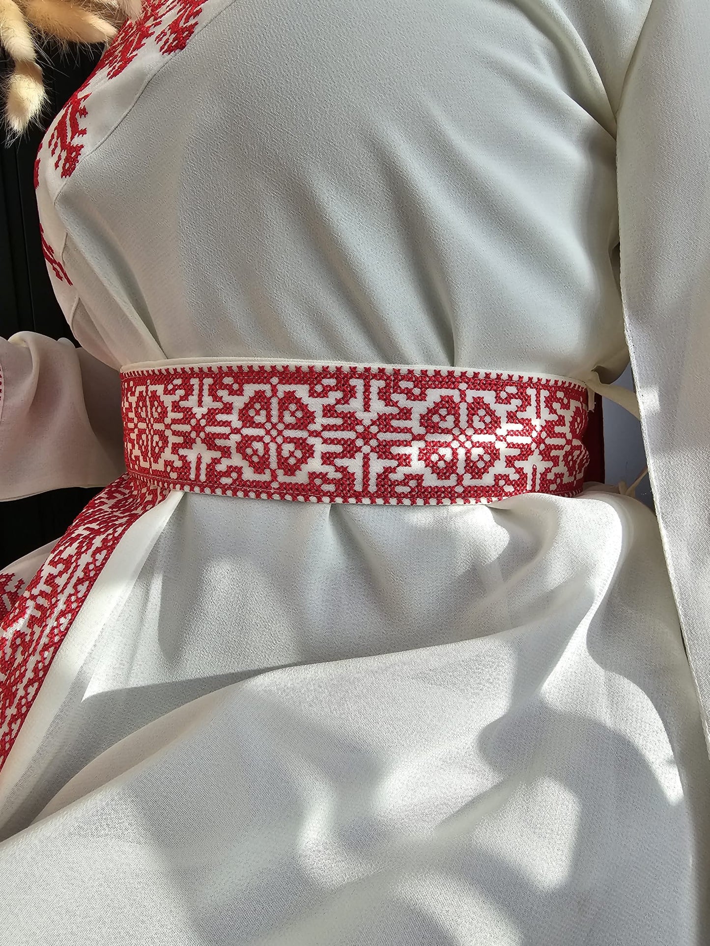 White & Red Tatreez One Shoulder Embroidery Palestinian Thobe - Al Jerusalem ( No Veil )