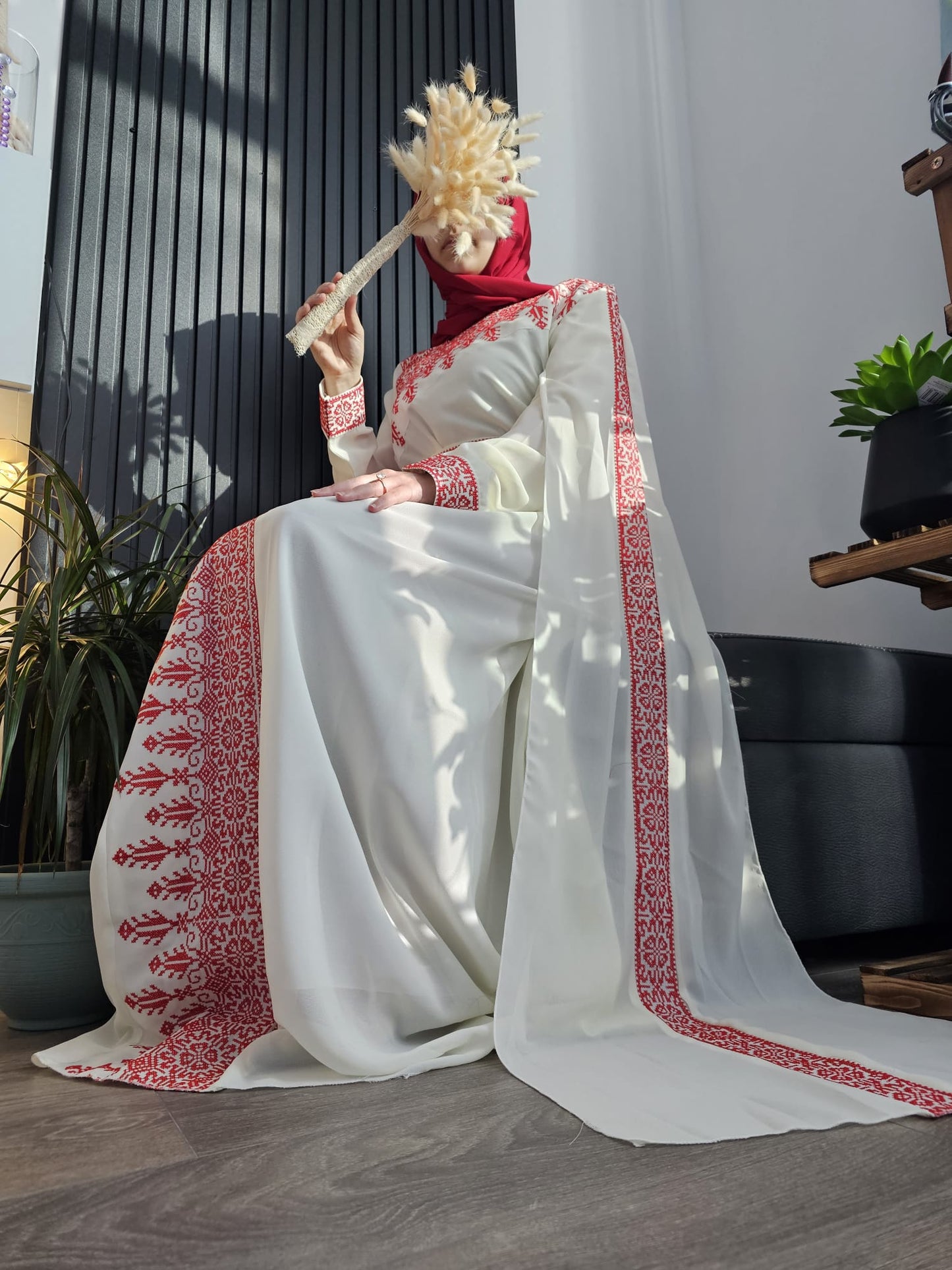 White & Red Tatreez One Shoulder Embroidery Palestinian Thobe - Al Jerusalem ( No Veil )