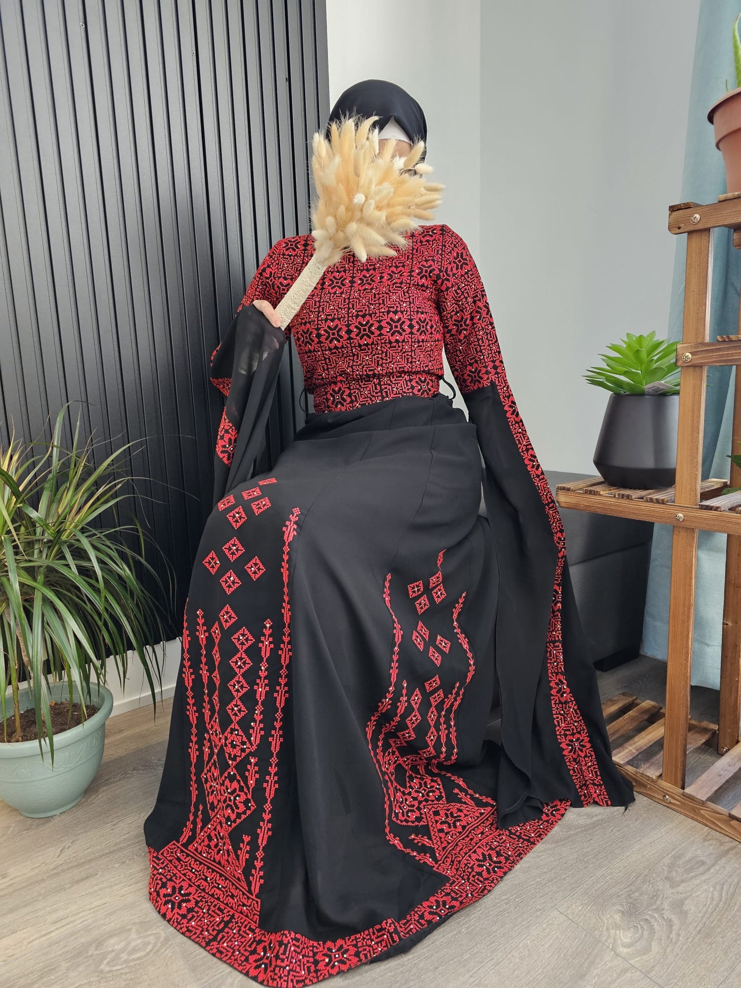 Red & Black Full Embroidery Palestinian Thobe with Extra Long Sleeves - Al Ramallah