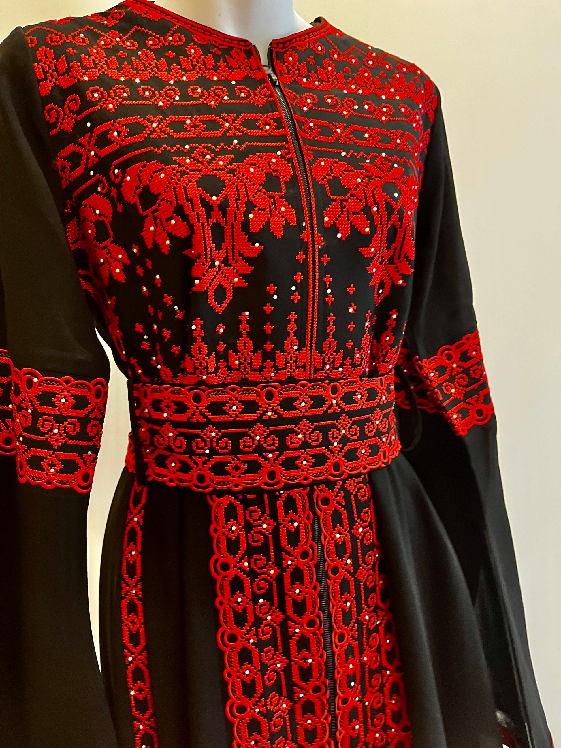 Black & Red Long Sleeve Full Embroidered Palestinian Thobe/Dress (3 pieces) - Al Khalili Thobe Size 2 Black & Red Long Sleeve Full Embroidered Palestinian Thobe/Dress (3 pieces) - Al Khalili Thobe Size 2