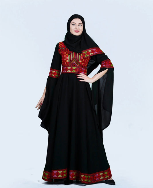 Sara - Black with Red Tatreez With Extra Long Sleeve Modern Dress Thobe