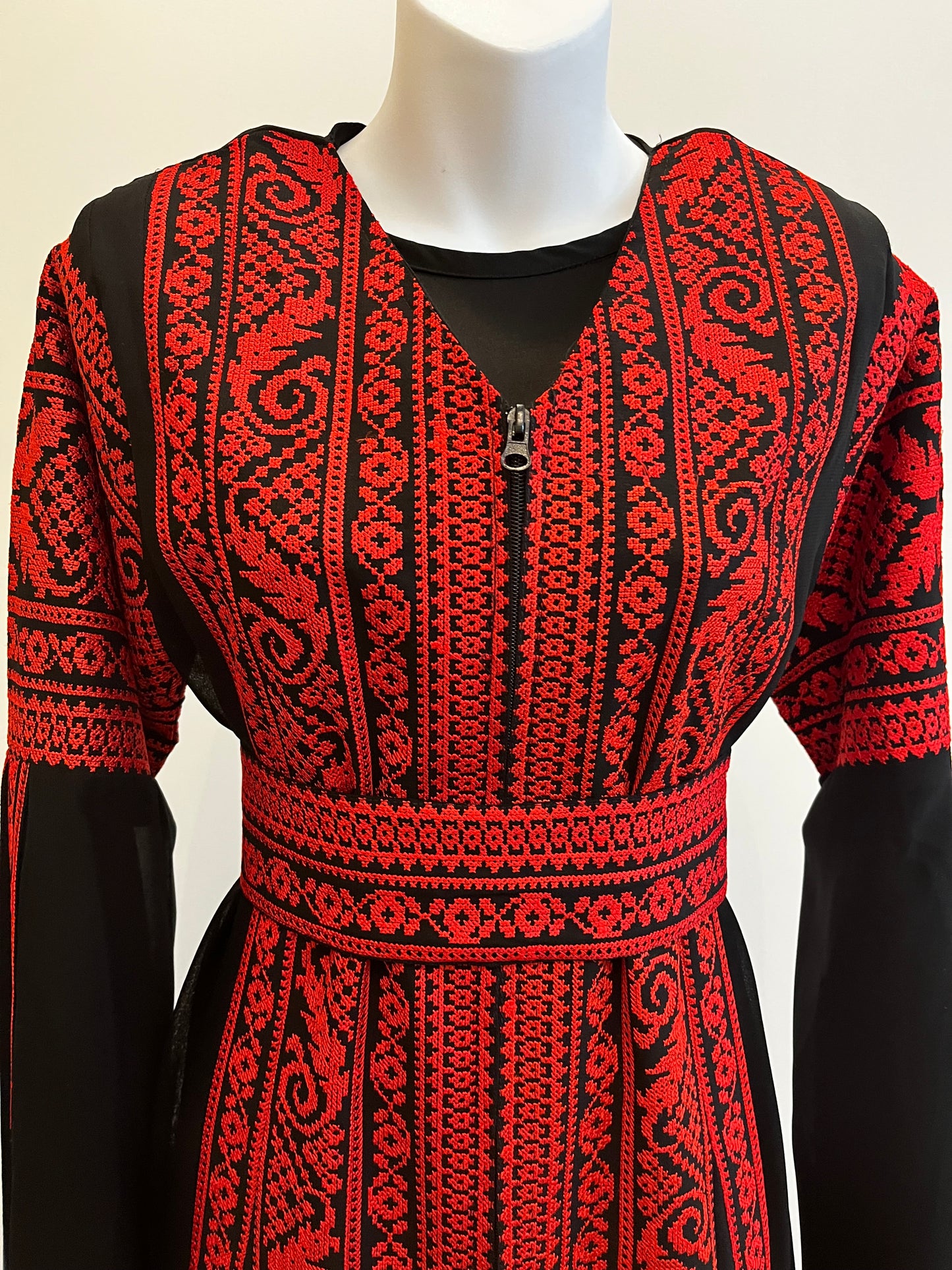 Black & Red Extra Long Sleeve Full Embroidered Palestinian Thobe (3 pieces) - Al Tulkarem Thobe