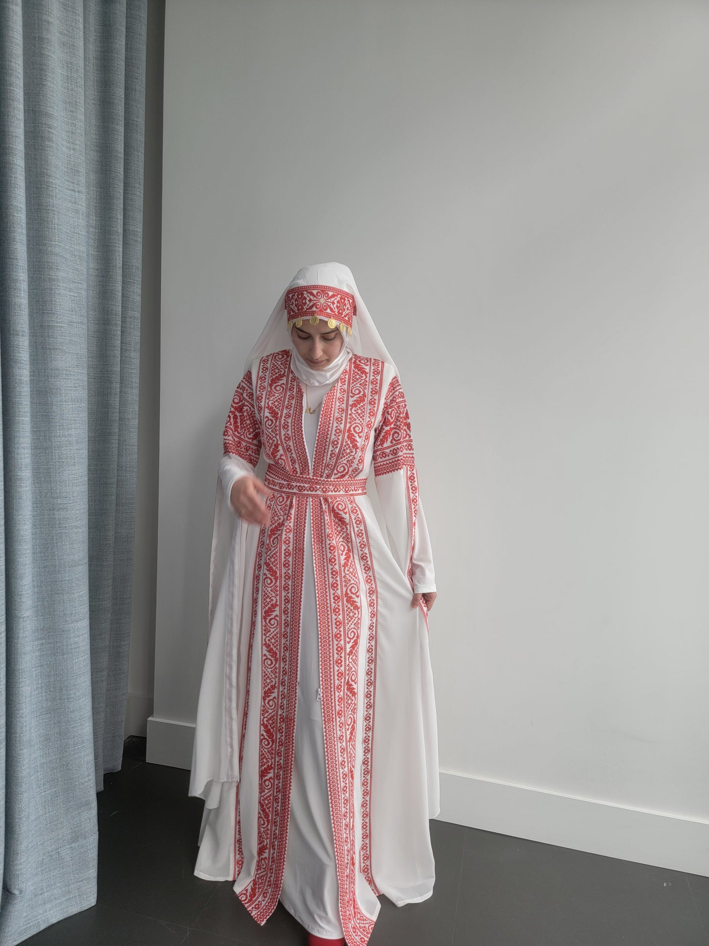 Black & Red Extra Long Sleeve Full Embroidered Palestinian Thobe (3 pieces) - Al Tulkarem Thobe