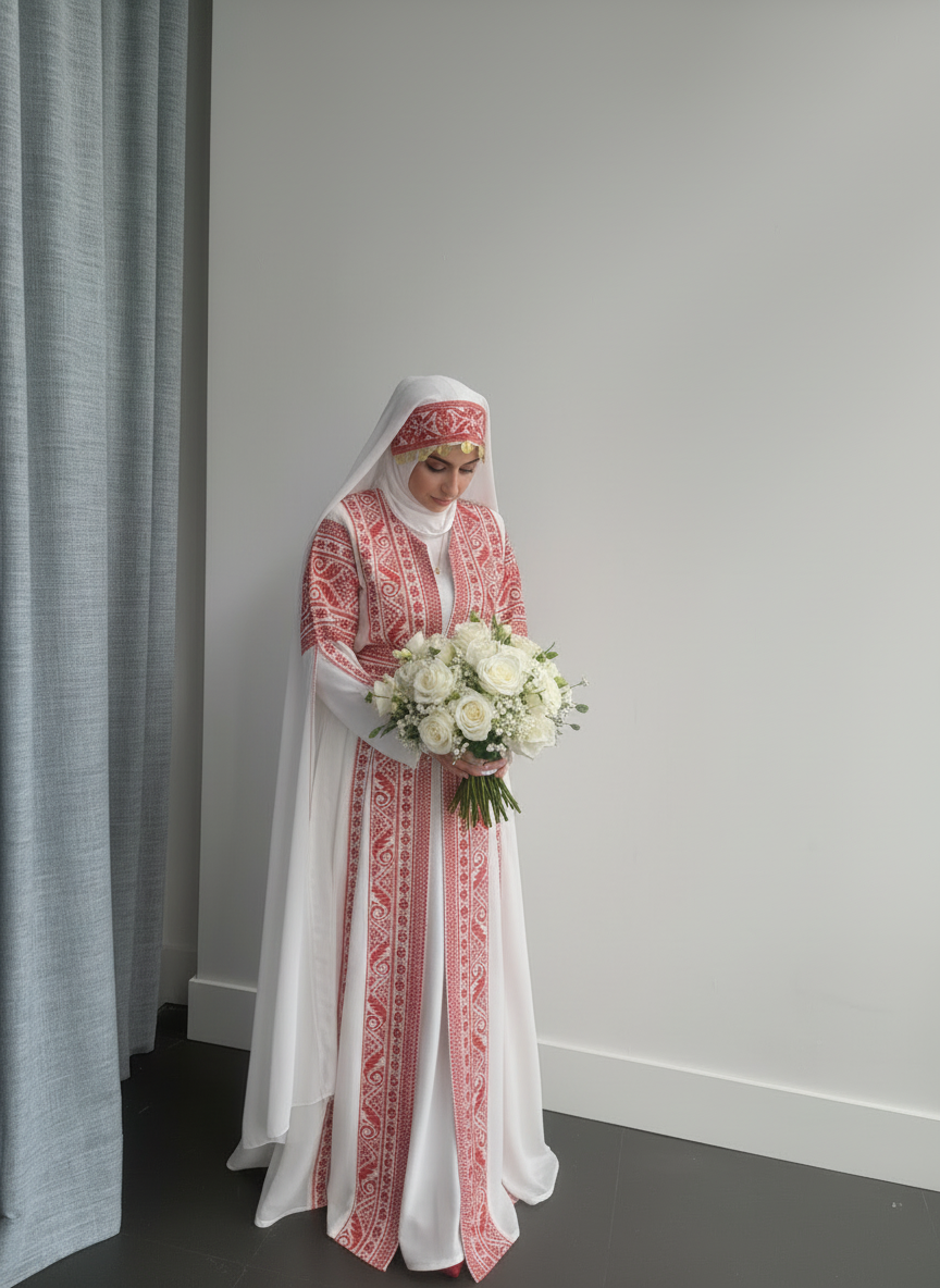 Bridal White & Red Extra Long Sleeve Full Embroidered Palestinian Thobe (3 pieces) - Al Tulkarem Thobe