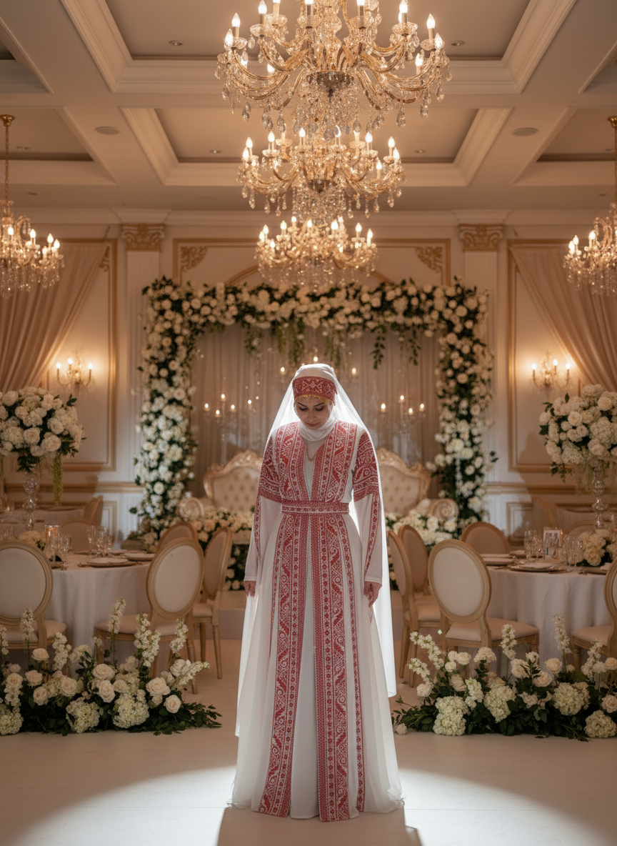 Bridal White & Red Extra Long Sleeve Full Embroidered Palestinian Thobe (3 pieces) - Al Tulkarem Thobe