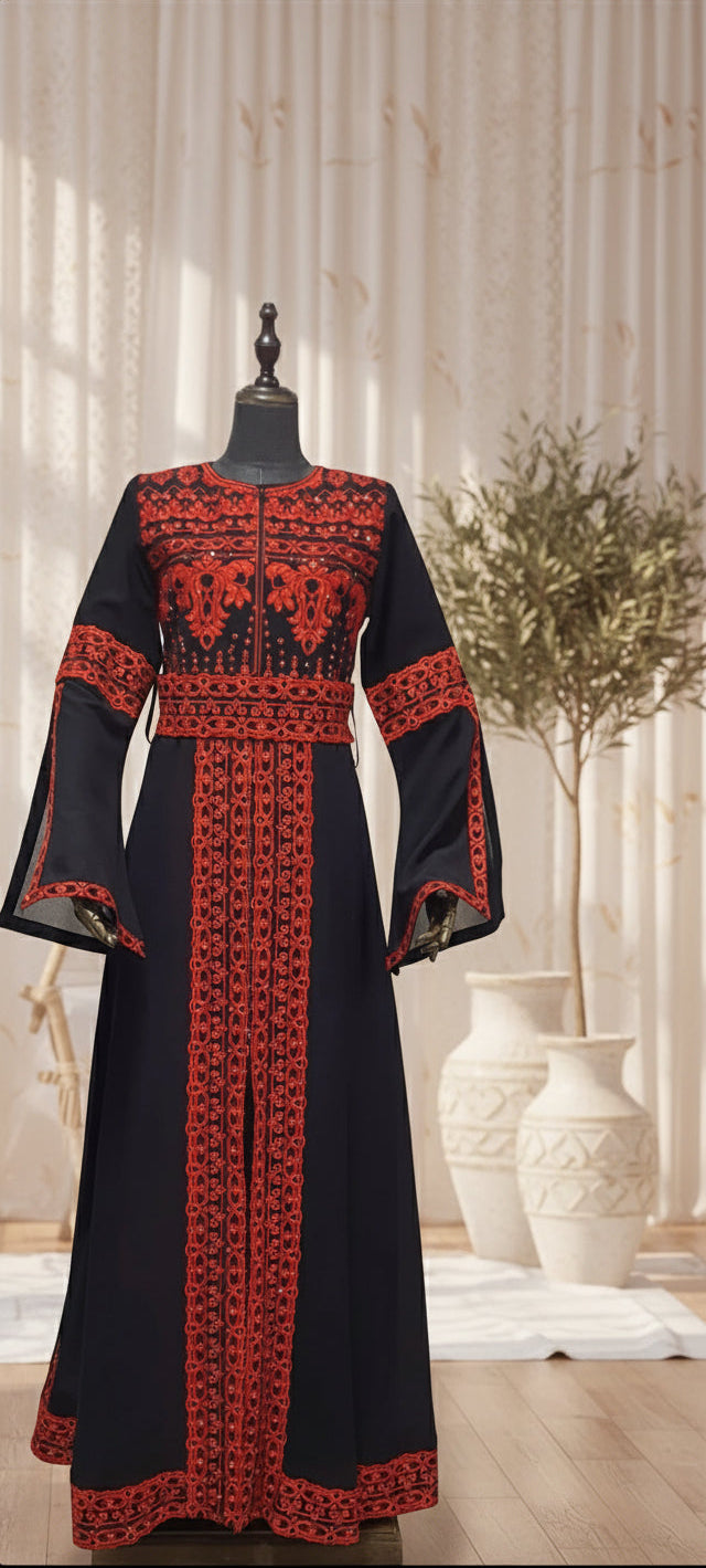 Black & Red Long Sleeve Full Embroidered Palestinian Thobe/Dress (3 pieces) Black & Red Long Sleeve Full Embroidered Palestinian Thobe/Dress (3 pieces)