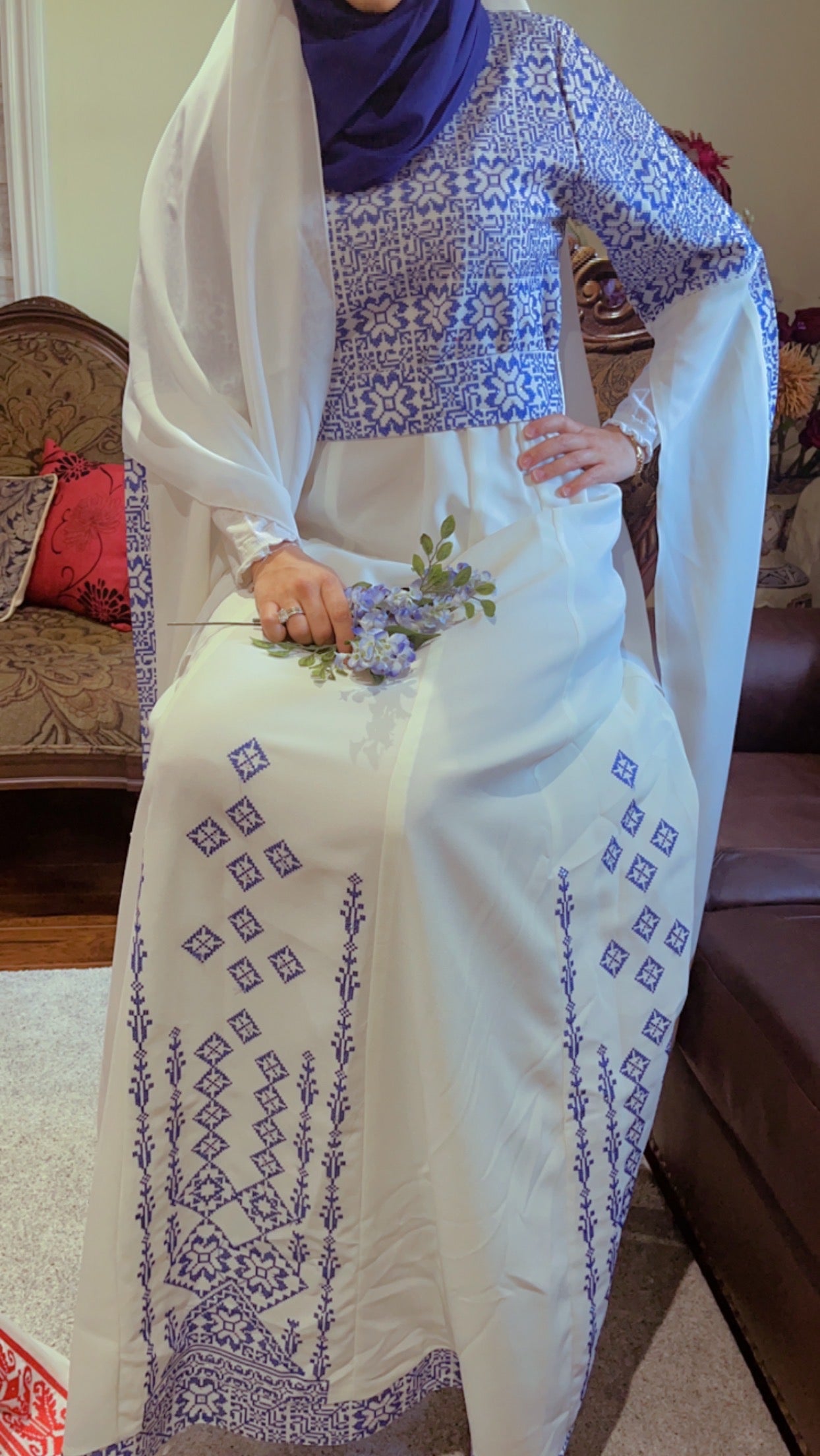 Blue & White Bridal Full Embroidery Palestinian Thobe with Extra Long Sleeves -  Al Ramallah
