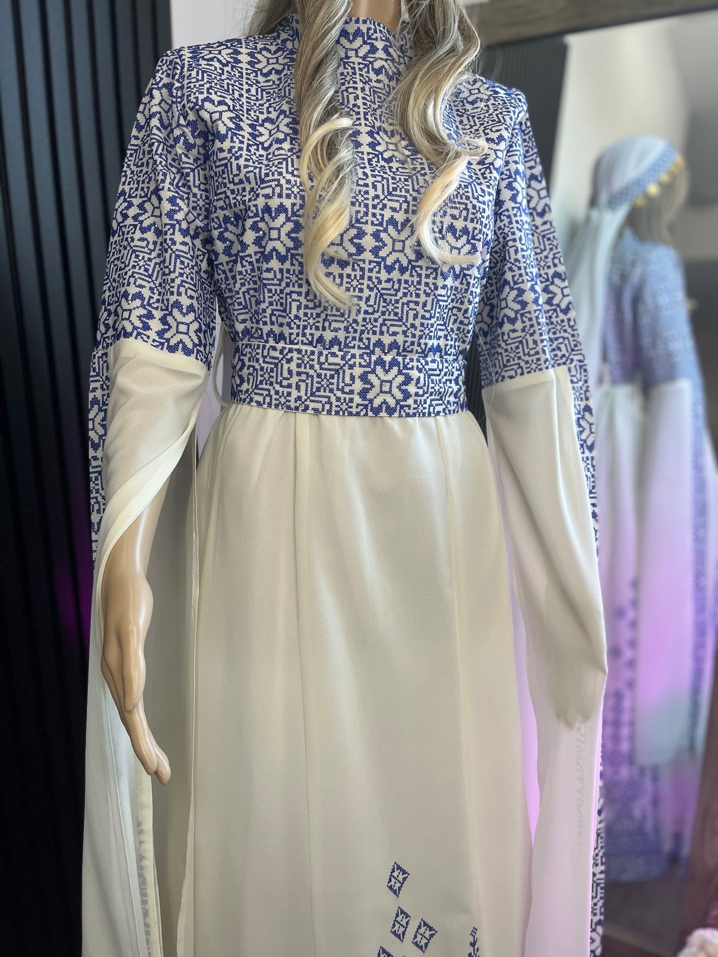 Blue & White Bridal Full Embroidery Palestinian Thobe with Extra Long Sleeves -  Al Ramallah