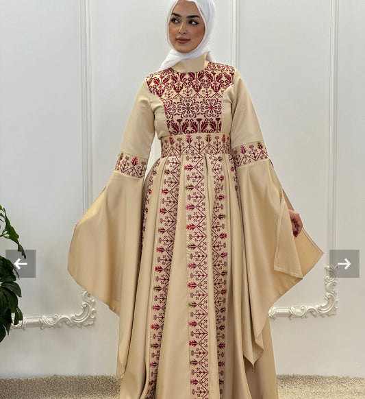 Raeda - Beige & Burgundy With Extra Long Sleeve Modern Dress Thobe