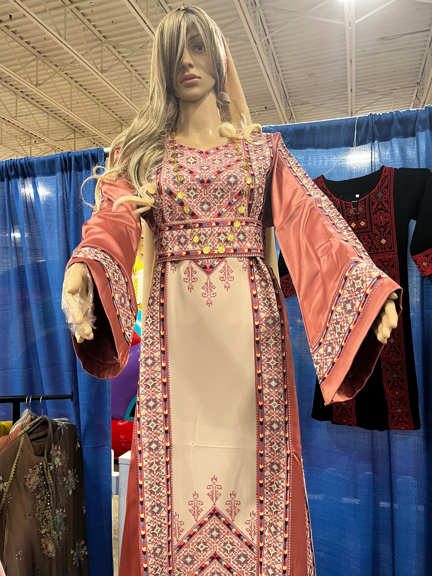 Nabuls Thobe - Pink and Beige Traditional Full tatreez back and front Thobe