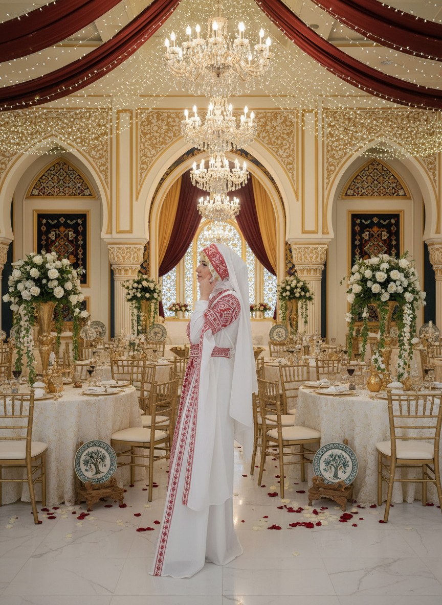 Bridal White & Red Extra Long Sleeve Full Embroidered Palestinian Thobe (3 pieces) - Al Tulkarem Thobe