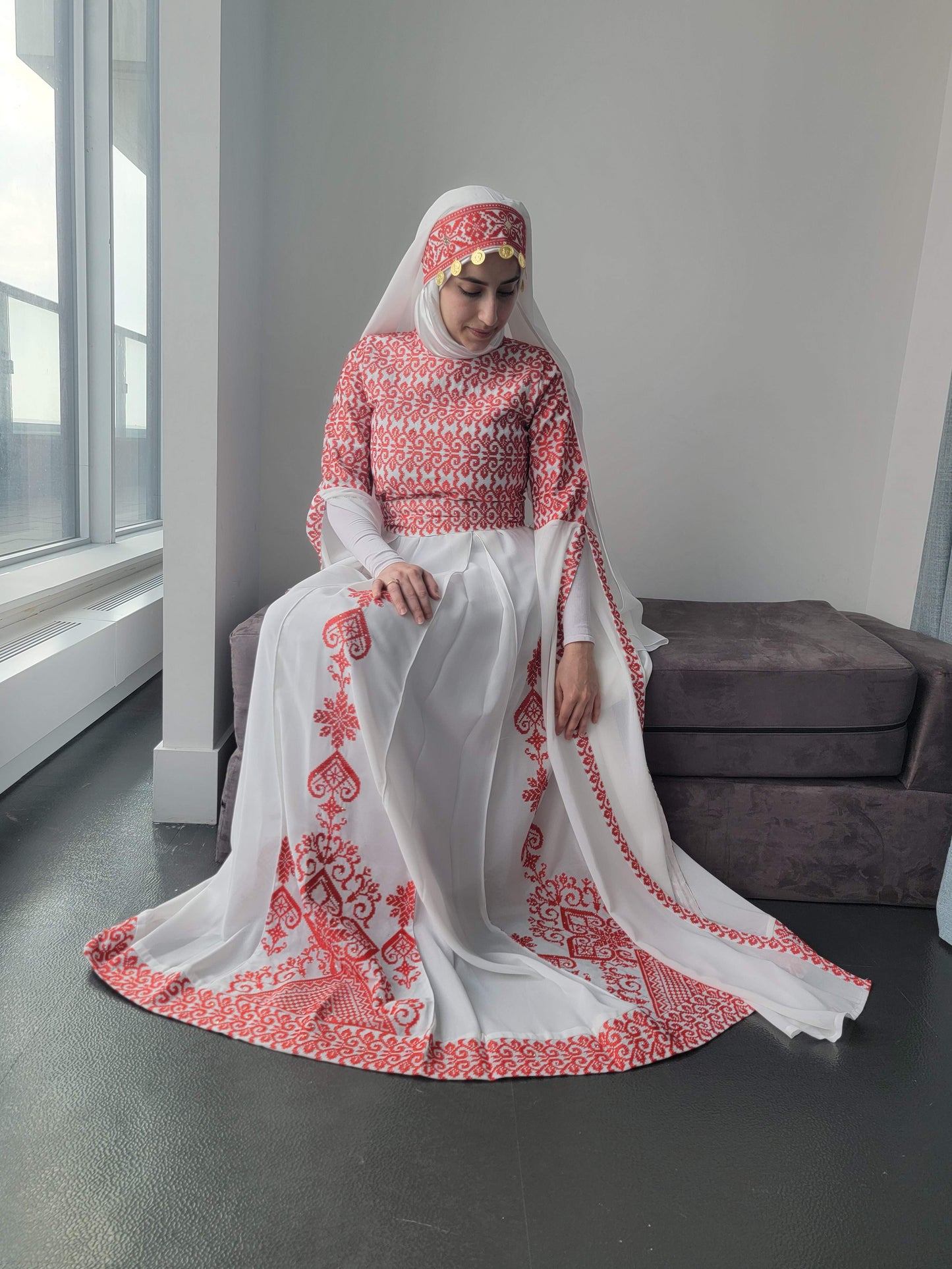Bridal White & Red Full Top Embroidery With Extra long Sleeves (Zipper Back)