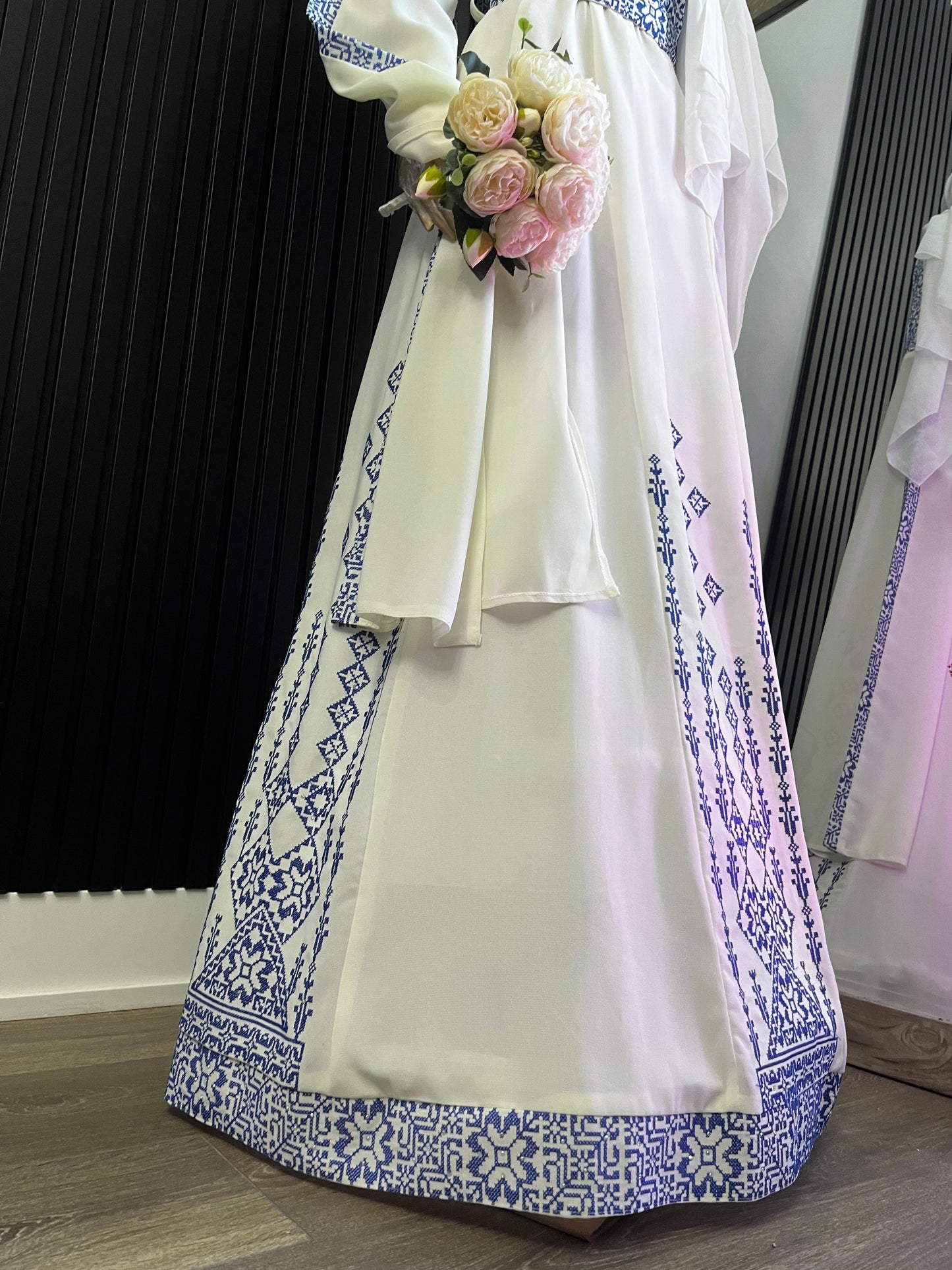 Blue & White Bridal Full Embroidery Palestinian Thobe with Extra Long Sleeves -  Al Ramallah