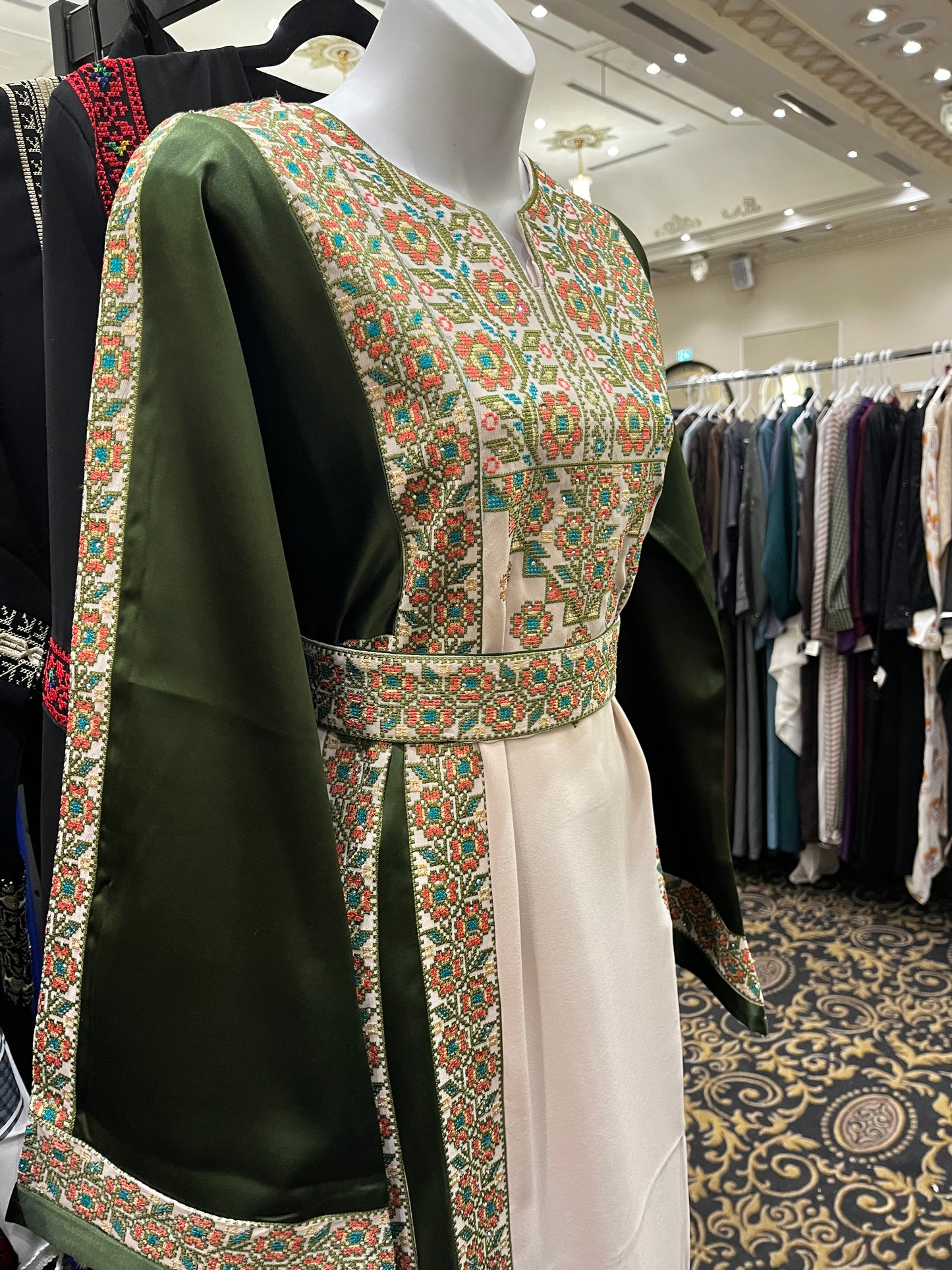 Green With Flowers & Sparkle Traditional Long Sleeve Full Embroidered Palestinian Thobe/Dress