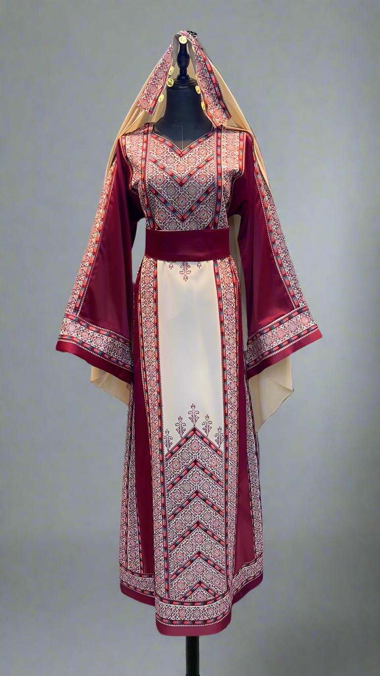 Nabuls Thobe - Burgundy and Beige Traditional Full tatreez back and front Thobe (No veil)