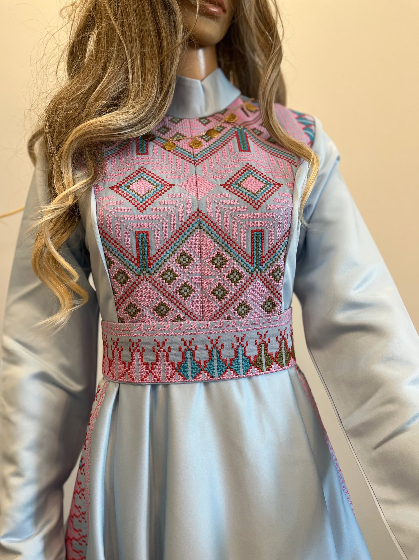 Rola - Blue Satin with Pink Tatreez Modern Dress Thobe - High Neck
