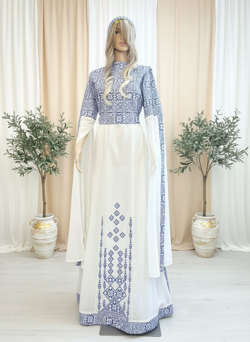 Blue & White Bridal Full Embroidery Palestinian Thobe with Extra Long Majestic_Thobe Blue & White Bridal Full Embroidery Palestinian Thobe with Extra Long Majestic_Thobe