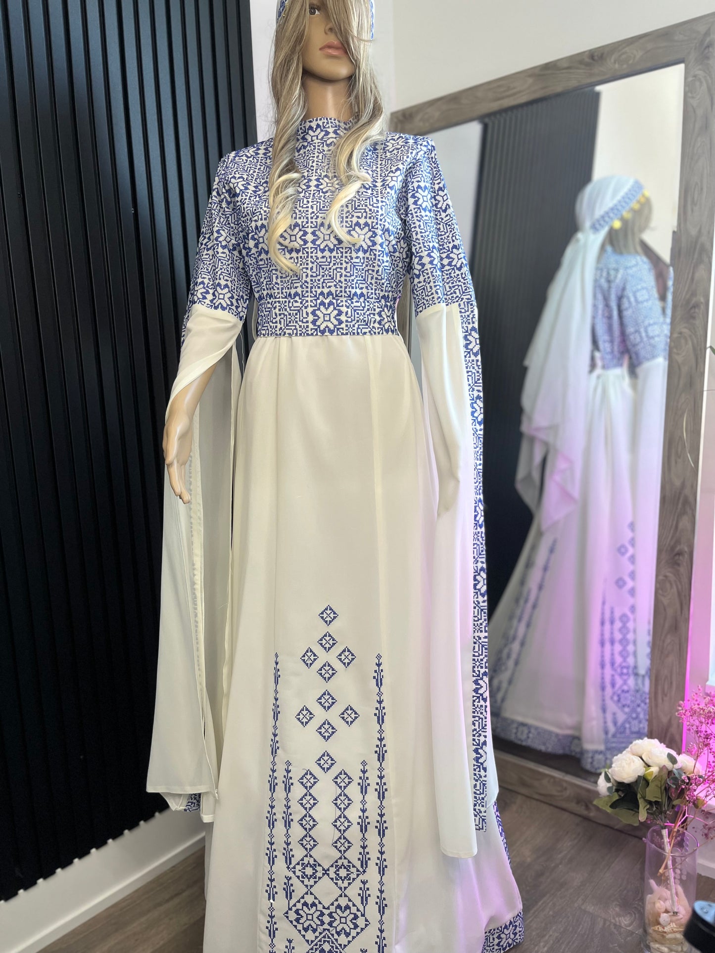Blue & White Bridal Full Embroidery Palestinian Thobe with Extra Long Sleeves -  Al Ramallah
