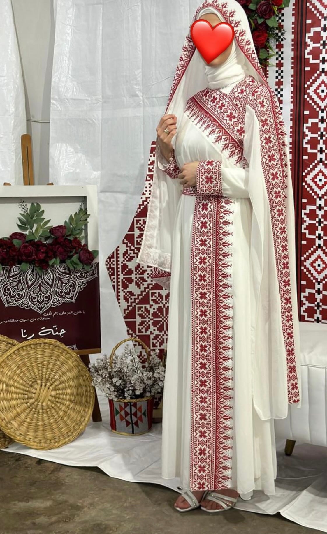 White & Red Tatreez One Shoulder Embroidery Palestinian Thobe - Al Jerusalem ( No Veil )