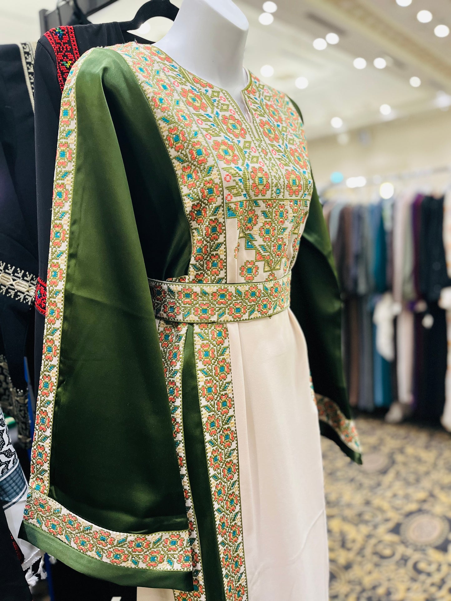 Green With Flowers & Sparkle Traditional Long Sleeve Full Embroidered Palestinian Thobe/Dress