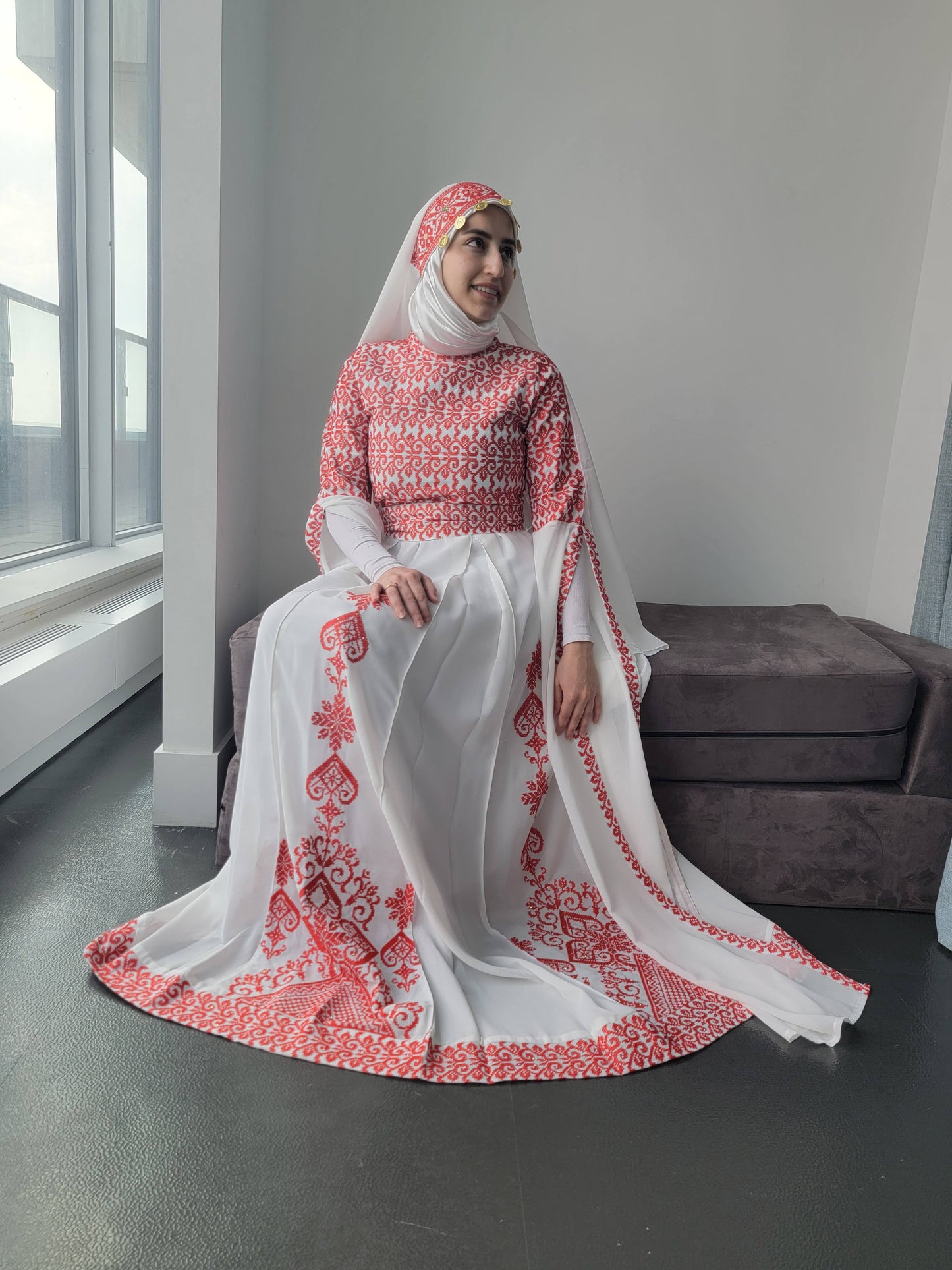 Bridal White & Red Full Top Embroidery With Extra long Sleeves (Zipper Back)