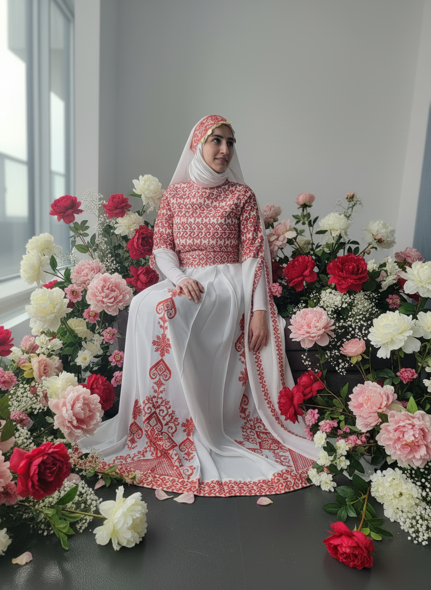 Bridal White & Red Full Top Embroidery With Extra long Sleeves (Zipper Back)