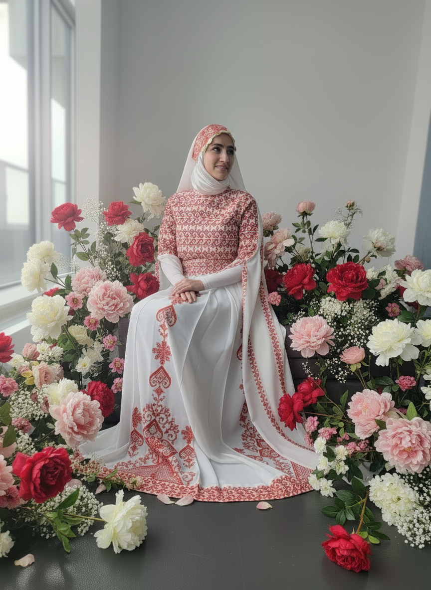 Bridal White & Red Full Top Embroidery With Extra long Sleeves (Zipper Back)