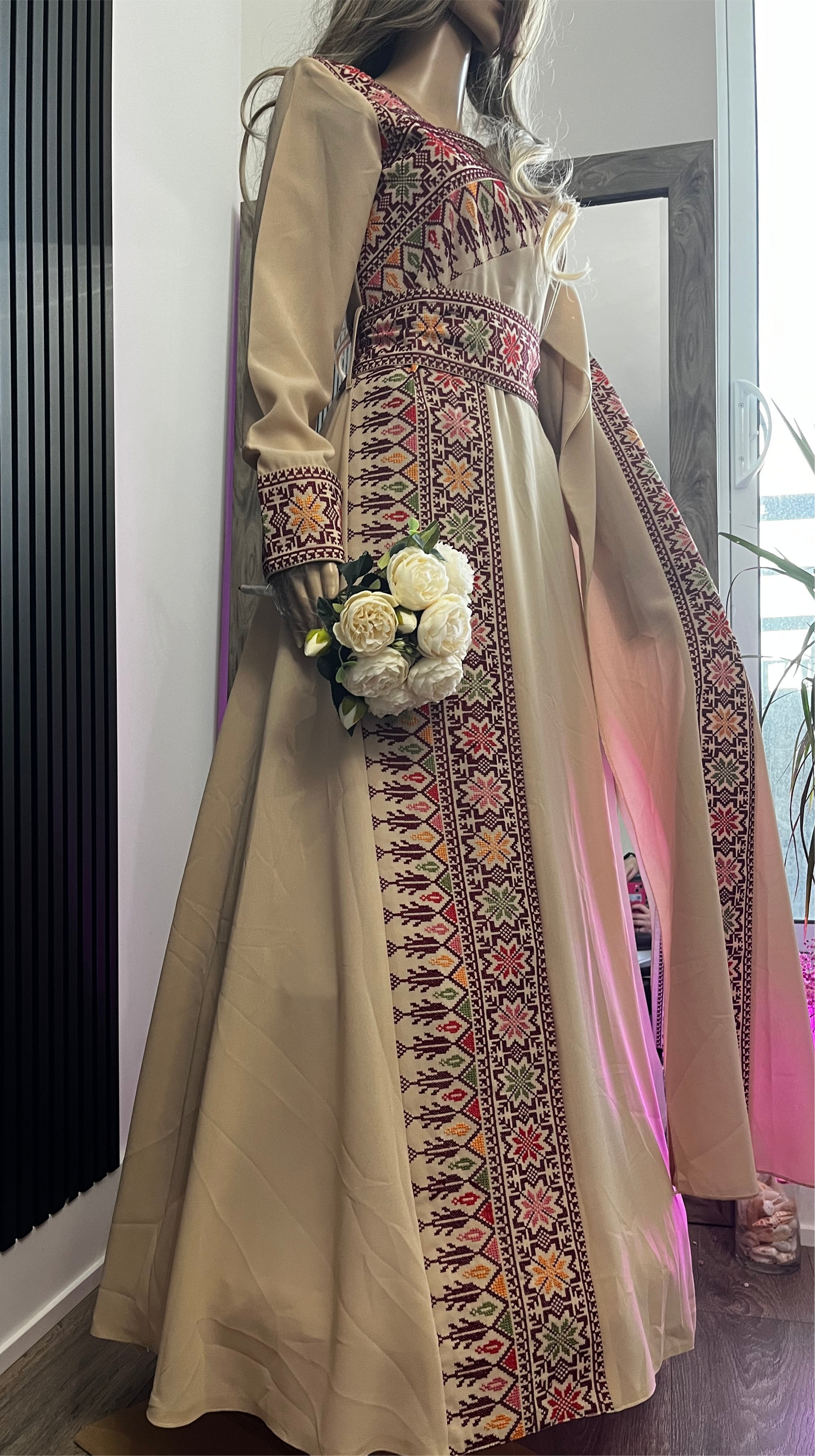 The Jerusalem- Beige Tatreez One Shoulder Embroidery Palestinian Thobe -