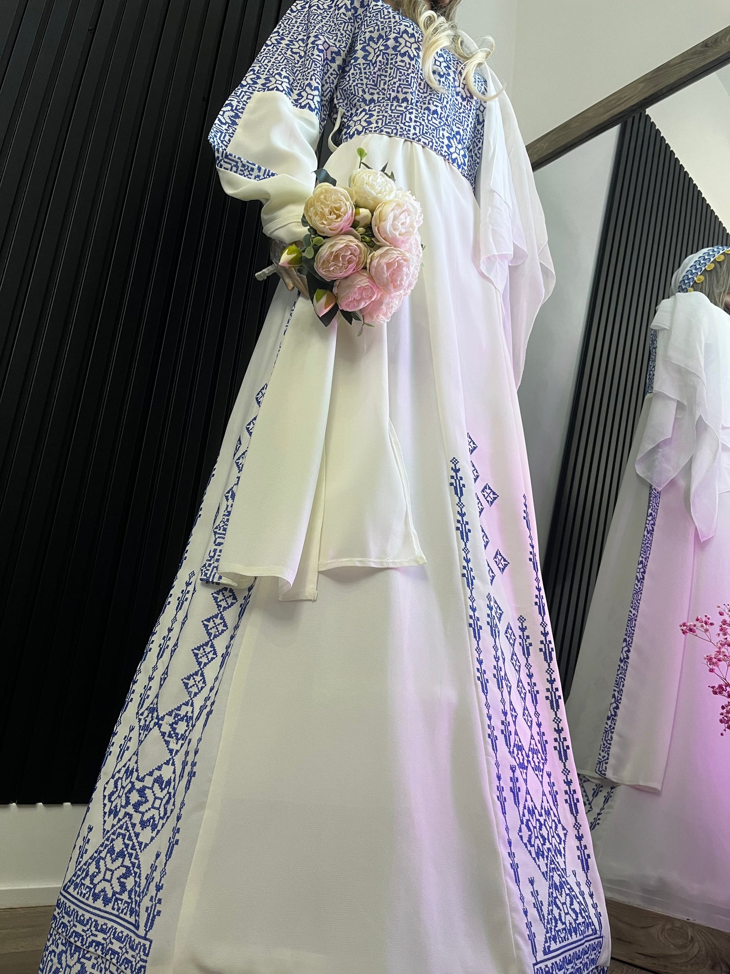 Blue & White Bridal Full Embroidery Palestinian Thobe with Extra Long Sleeves -  Al Ramallah