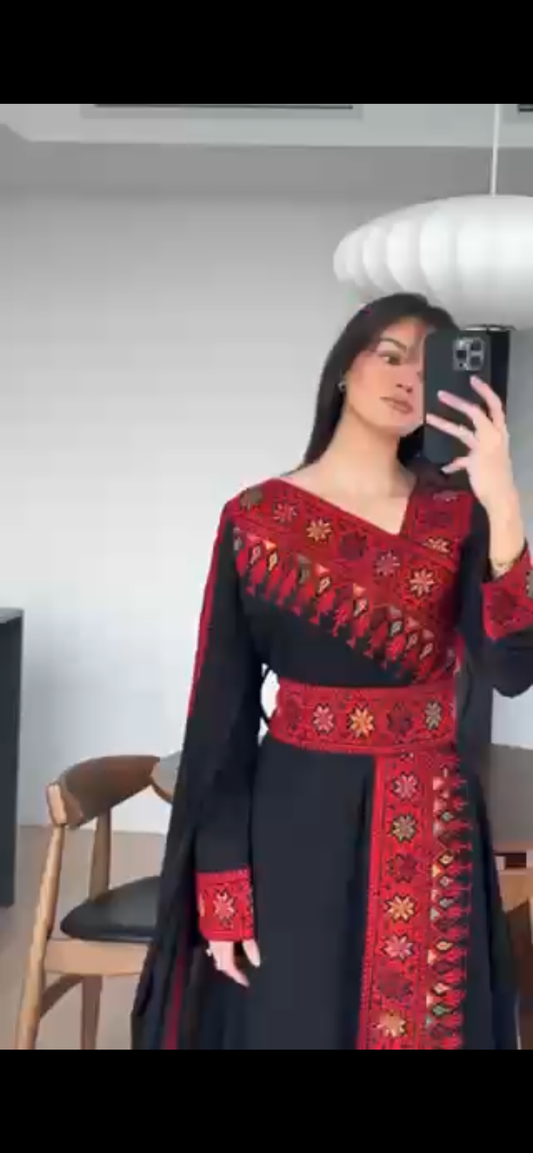 Red & Black Tatreez One Shoulder Embroidery Palestinian Thobe - Al Jerusalem