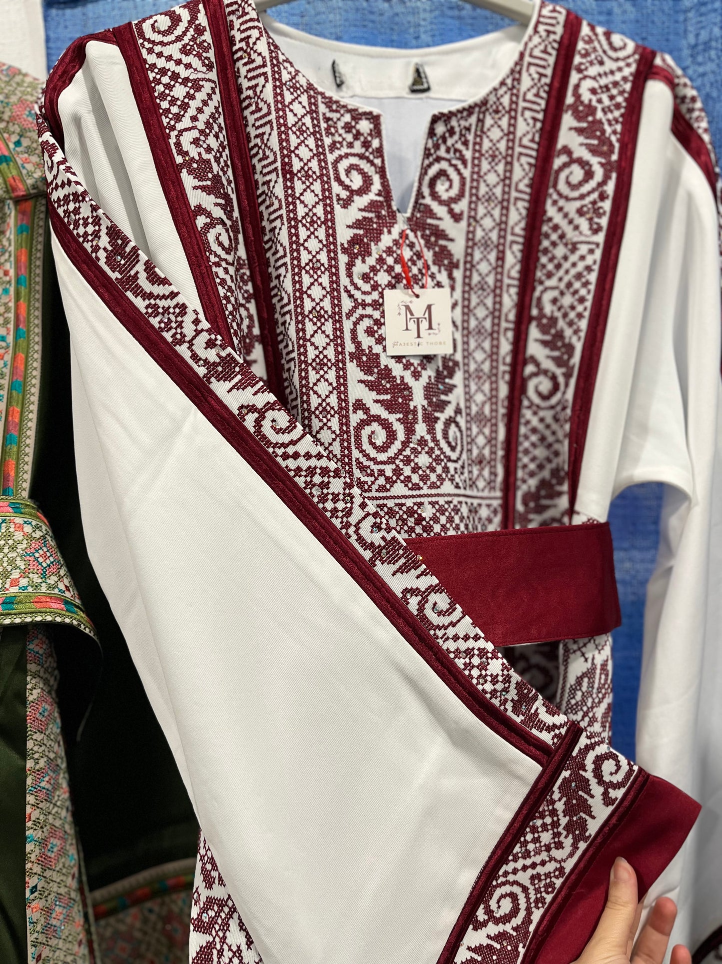 Jenin Thobe - White and Red traditional Bridal Thobe  (Embroidered Tatreez Palestinian Jordanian Thobe)