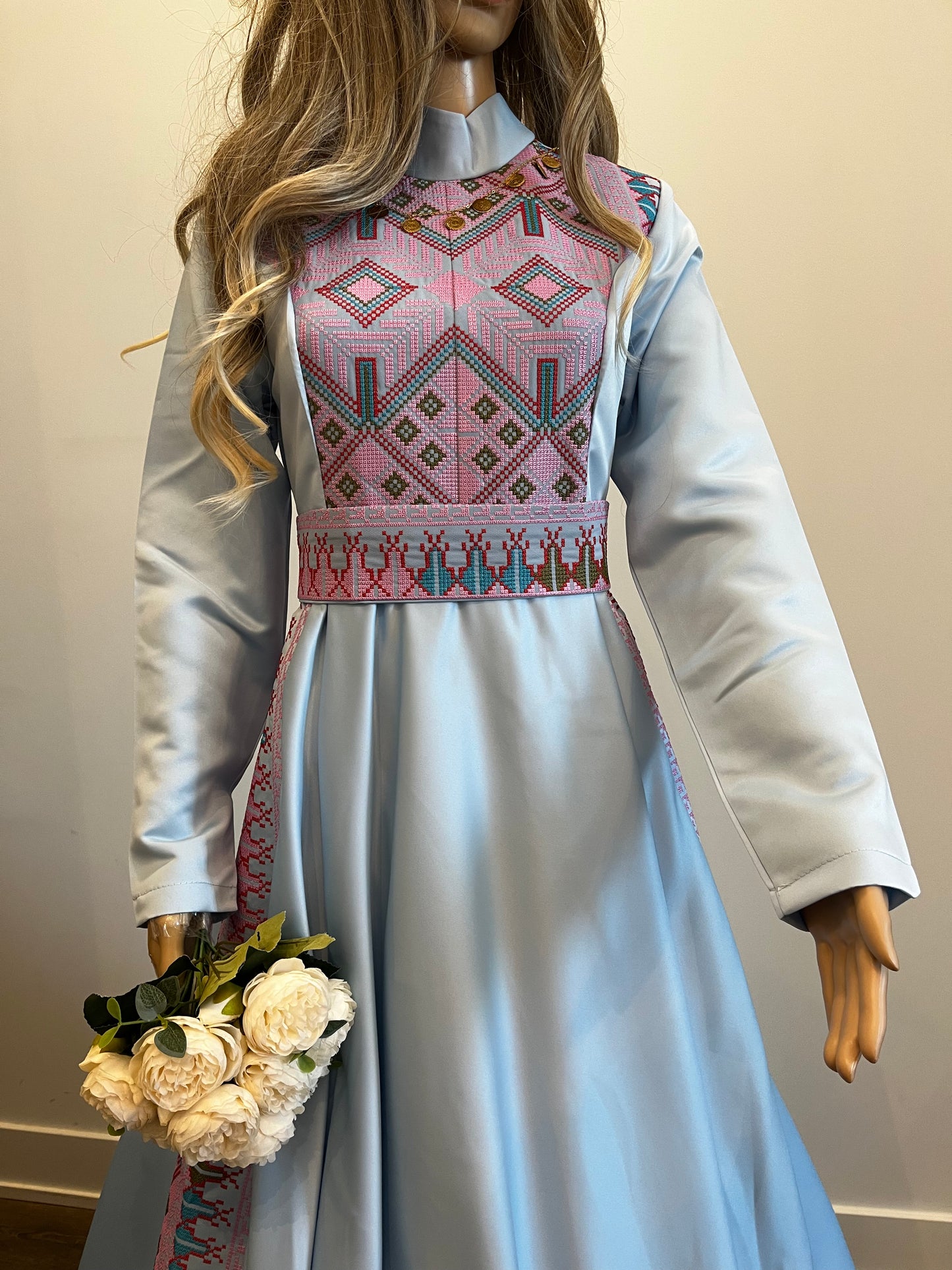 Rola - Blue Satin with Pink Tatreez Modern Dress Thobe - High Neck