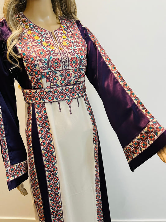 Purple With Flowers & Sparkle Traditional Long Sleeve Full Embroidered Palestinian Thobe/Dress