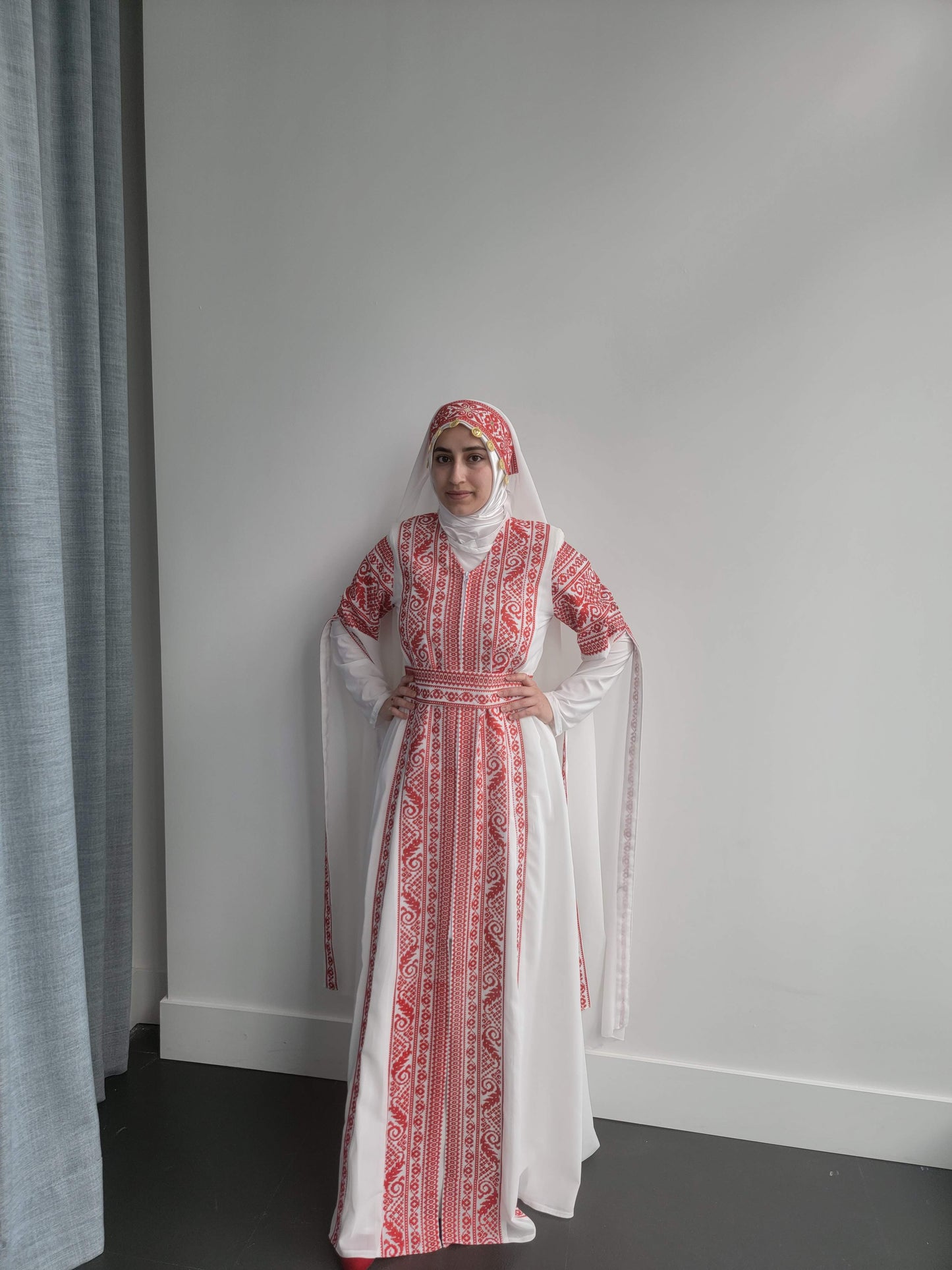 Black & Red Extra Long Sleeve Full Embroidered Palestinian Thobe (3 pieces) - Al Tulkarem Thobe