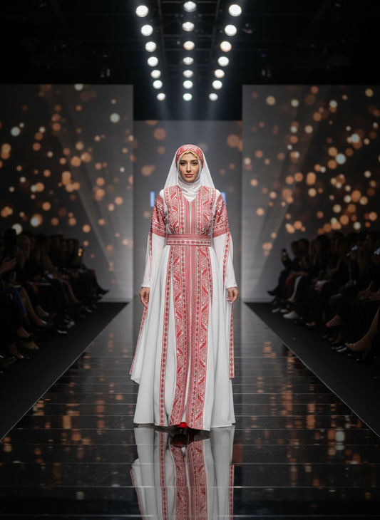 Bridal White & Red Extra Long Sleeve Full Embroidered Palestinian Thobe (3 pieces) - Al Tulkarem Thobe