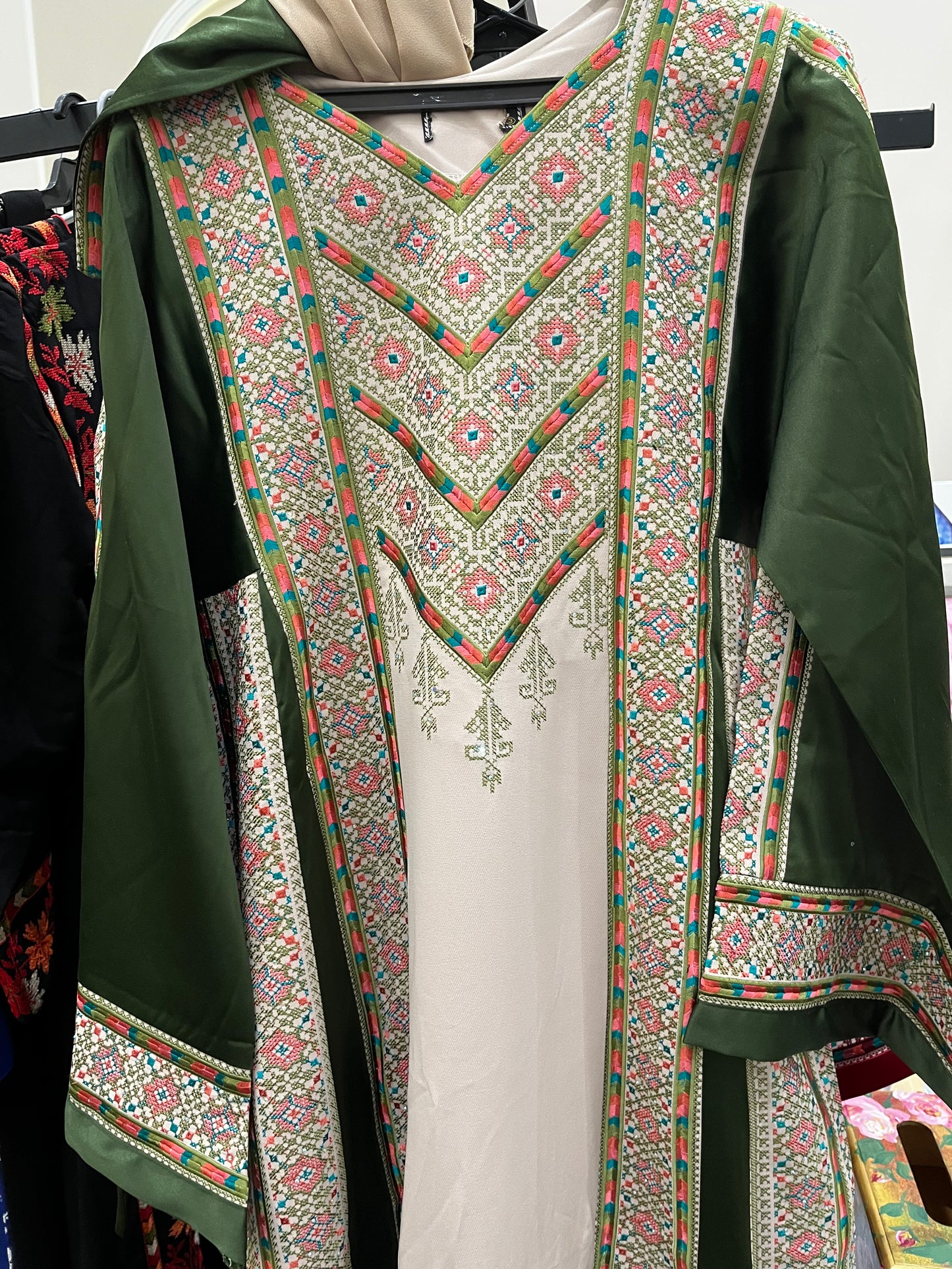 Nabuls Thobe - Green and Beige Traditional Full tatreez back and front Thobe ( No veil)