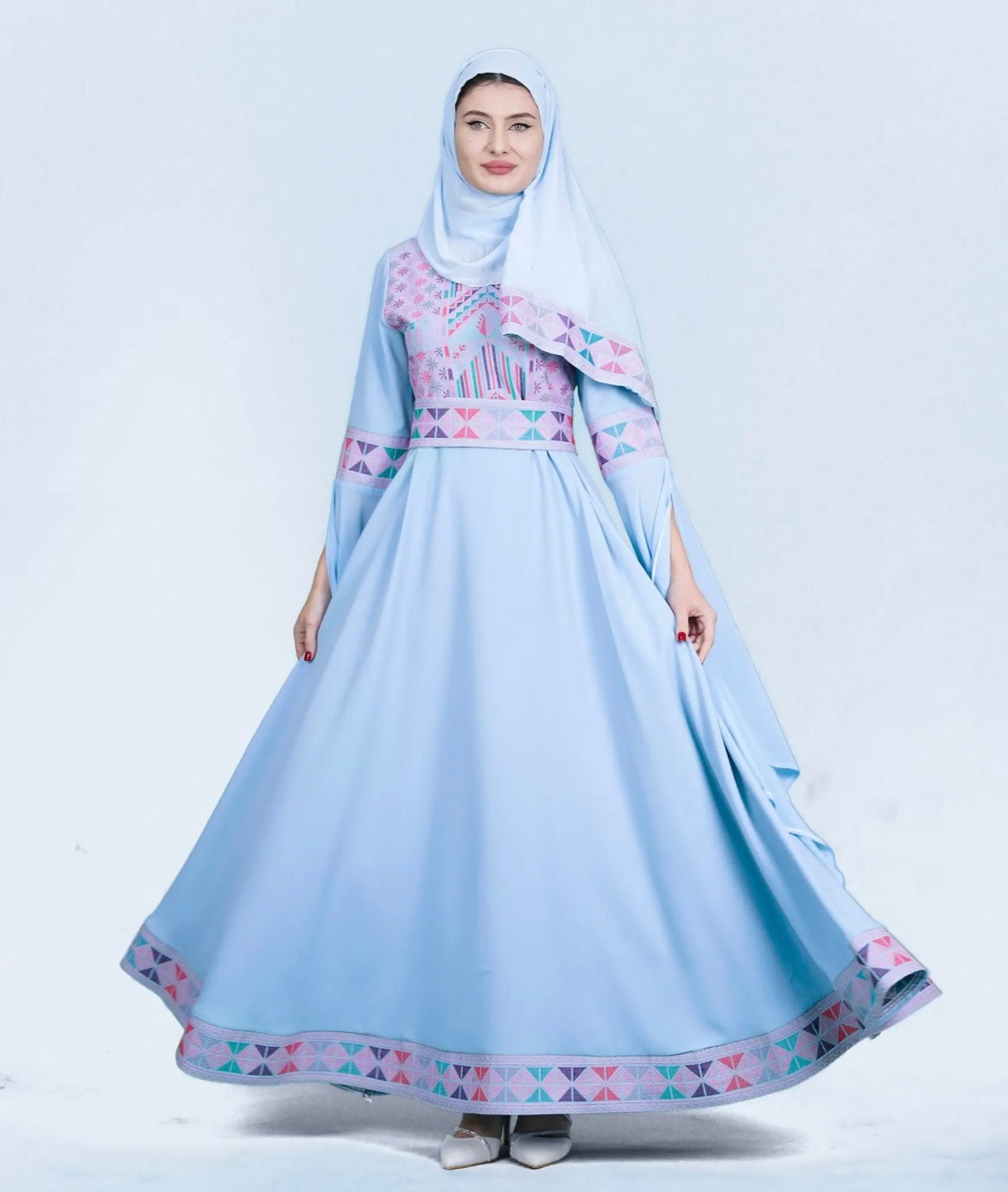 Sara - Blue with Pink Tatreez With Extra Long Sleeve Modern Dress Thobe