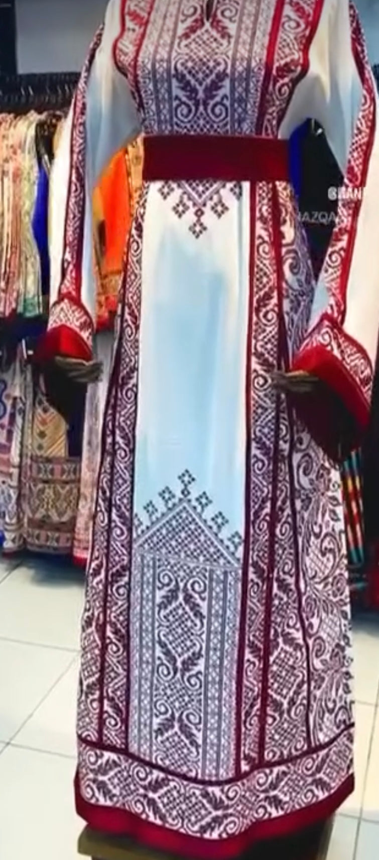 Jenin Thobe - White and Red traditional Bridal Thobe  (Embroidered Tatreez Palestinian Jordanian Thobe)