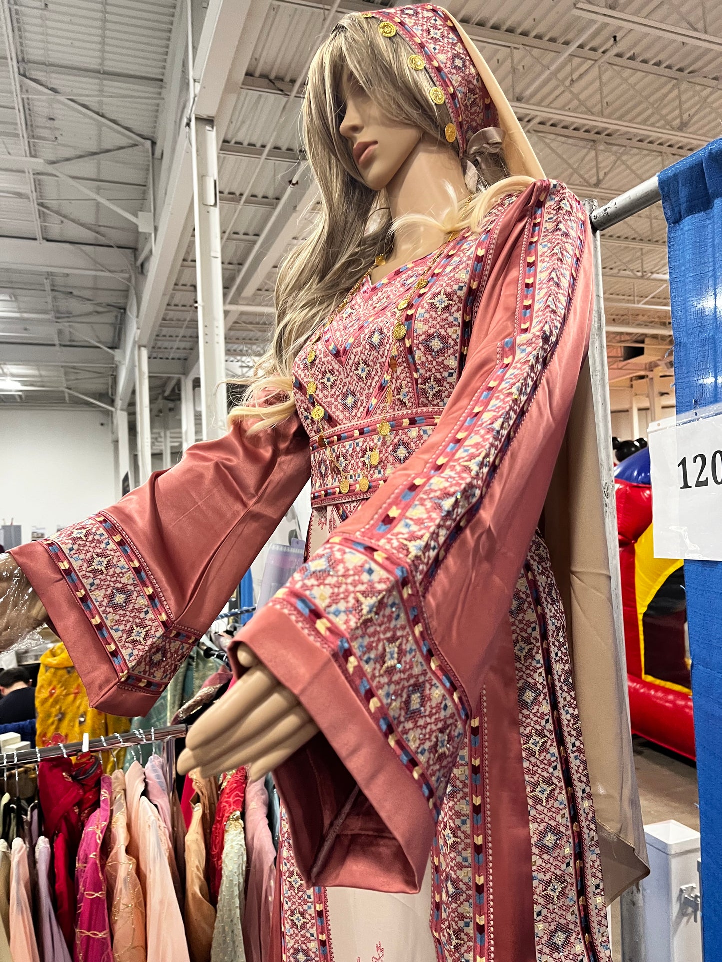 Nabuls Thobe - Pink and Beige Traditional Full tatreez back and front Thobe