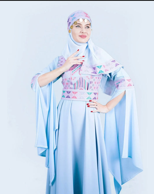 Sara - Blue with Pink Tatreez With Extra Long Sleeve Modern Dress Thobe