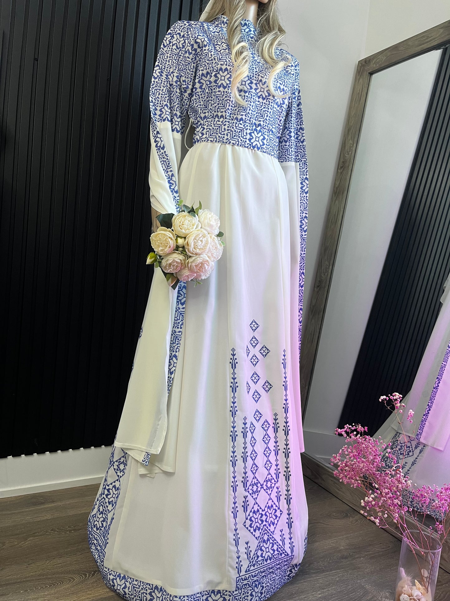 Blue & White Bridal Full Embroidery Palestinian Thobe with Extra Long Sleeves -  Al Ramallah