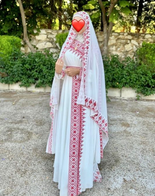 White & Red Tatreez One Shoulder Embroidery Palestinian Thobe - Al Jerusalem ( No Veil )
