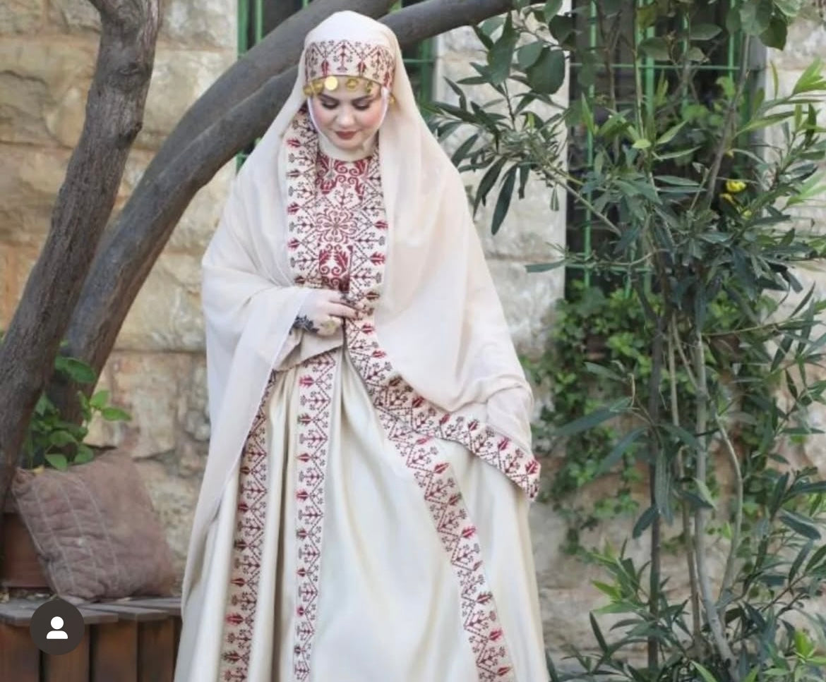 Raeda - Beige & Burgundy With Extra Long Sleeve Modern Dress Thobe