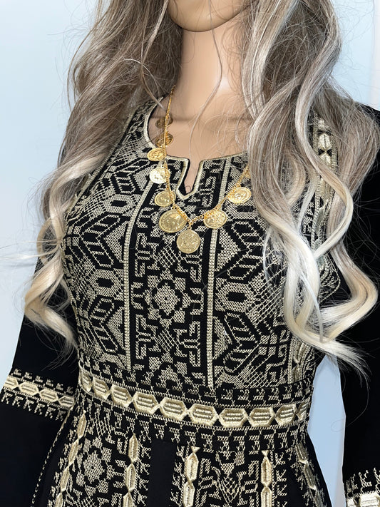 Salma Thobe Beige & Black Traditional Thobe dress (Embroidered Tatreez Palestinian Jordanian Thobe)