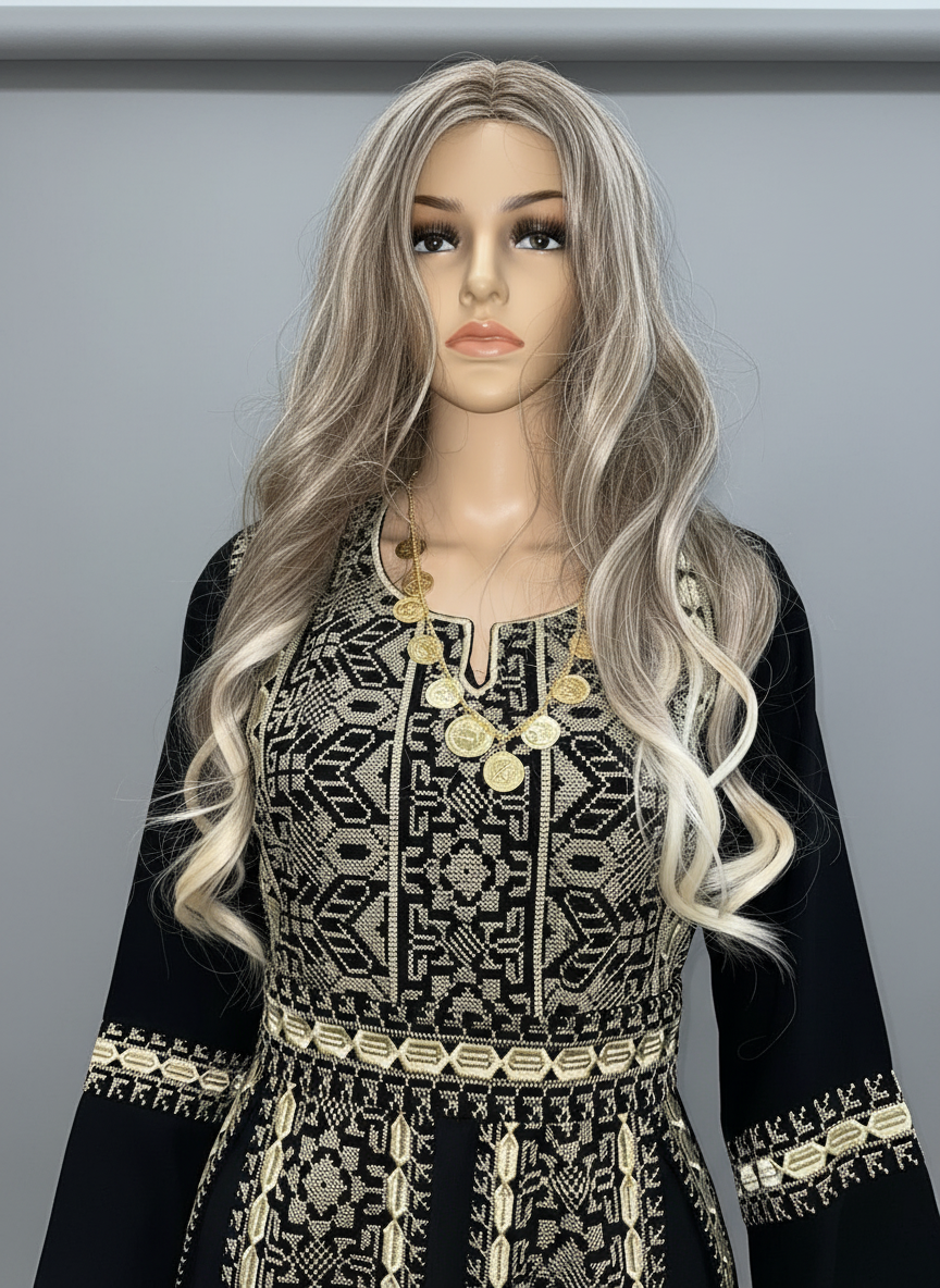 Salma Thobe Beige & Black Traditional Thobe dress (Embroidered Tatreez Palestinian Jordanian Thobe)