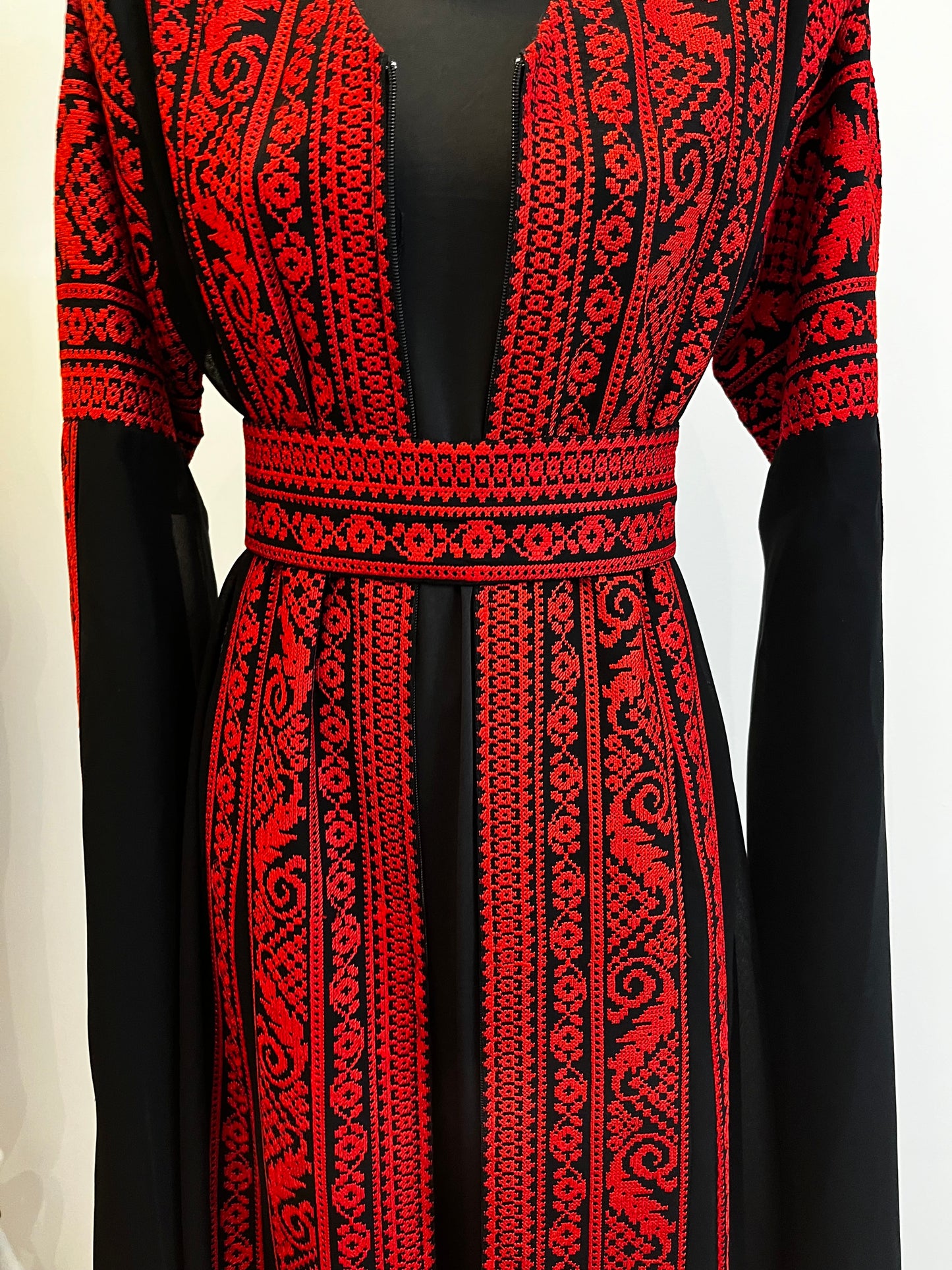 Black & Red Extra Long Sleeve Full Embroidered Palestinian Thobe (3 pieces) - Al Tulkarem Thobe