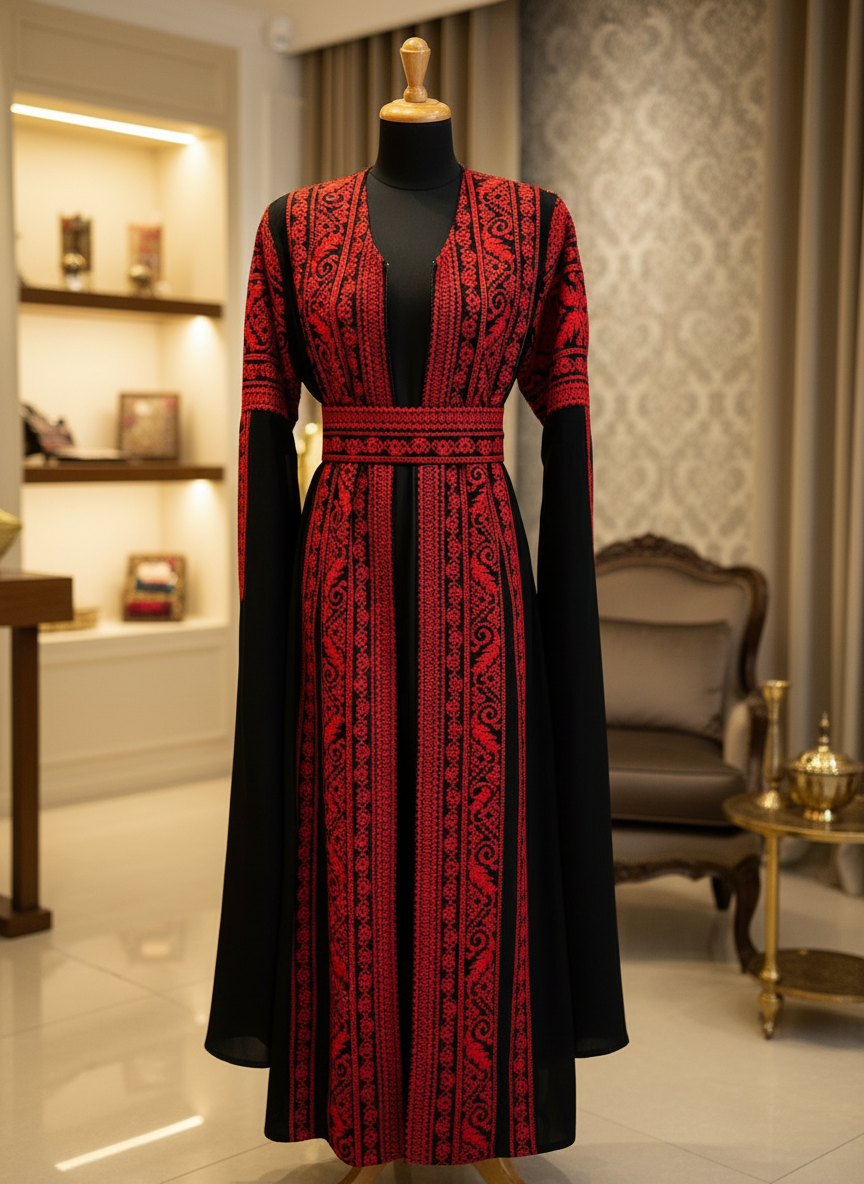 Black & Red Extra Long Sleeve Full Embroidered Palestinian Thobe (3 pieces) - Al Tulkarem Thobe