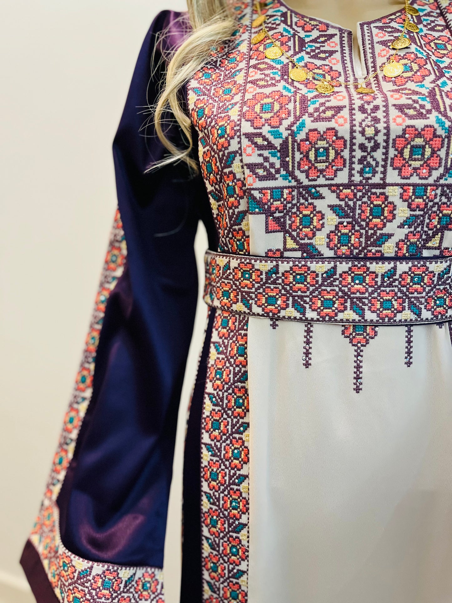 Purple With Flowers & Sparkle Traditional Long Sleeve Full Embroidered Palestinian Thobe/Dress
