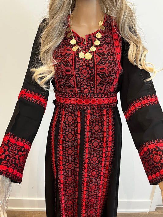 Salma Thobe Red & Black Traditional Thobe dress (Embroidered Tatreez Palestinian Jordanian Thobe)